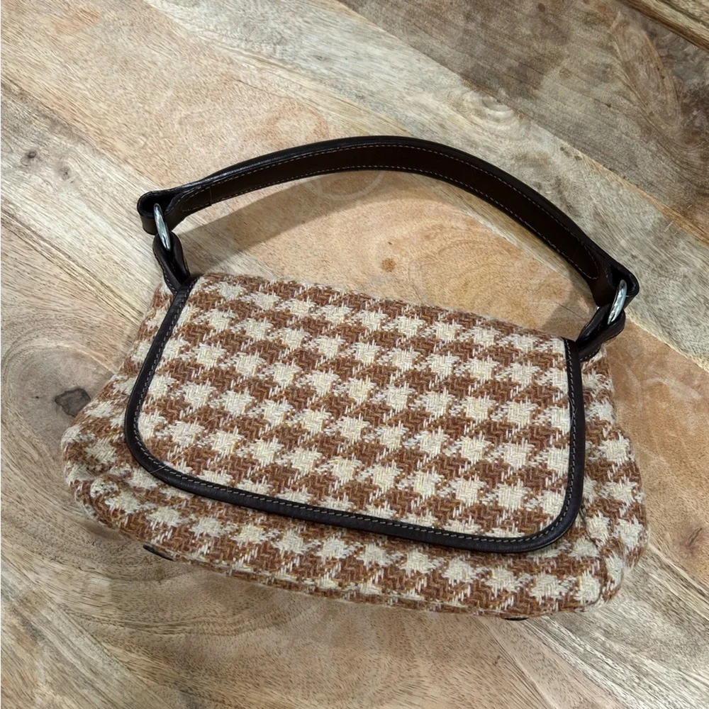 Lands' End Brown wool Leather Handbag houndstooth - Picture 1 of 5